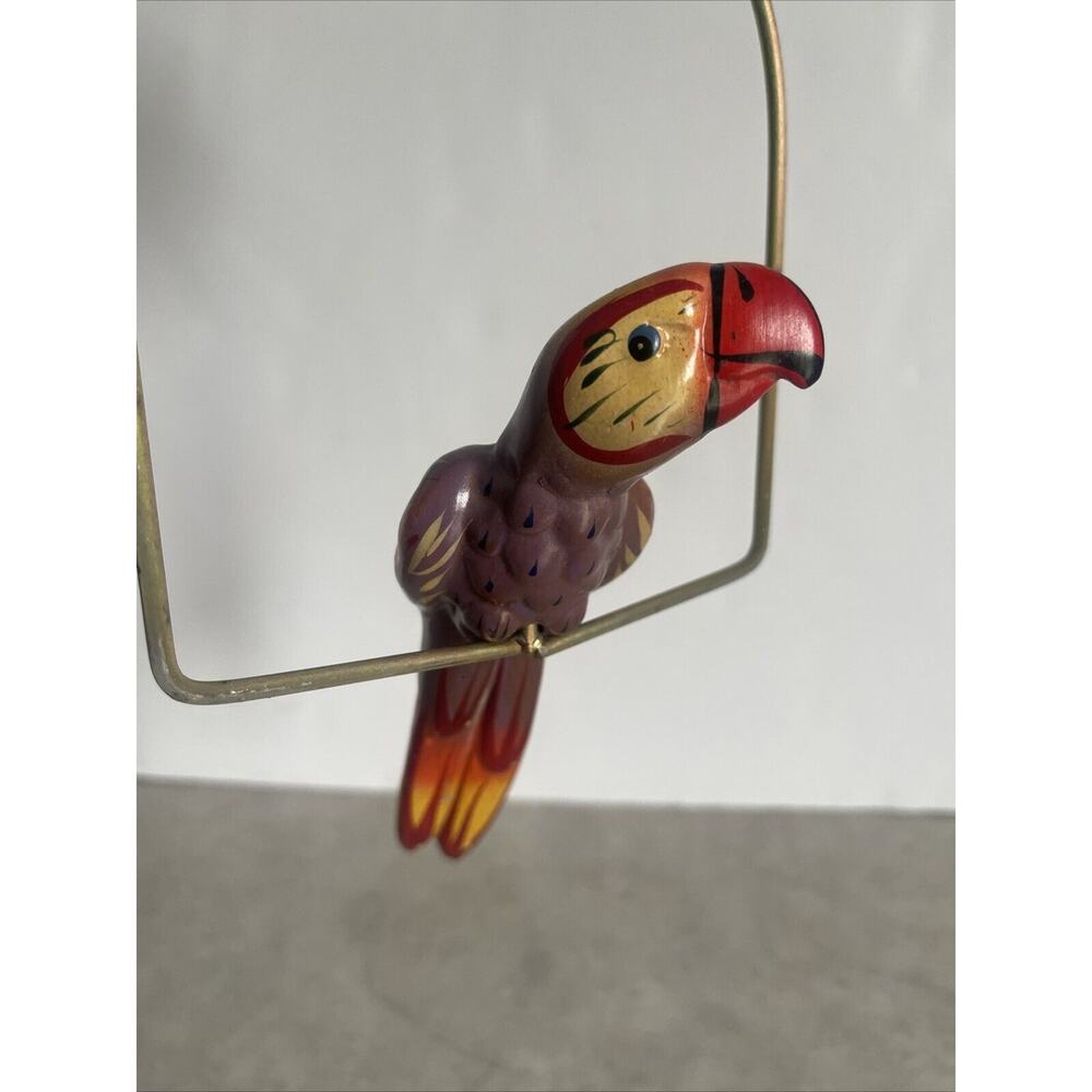 Vtg MCM Hanging Hand Painted ceramic Parrot Perched Hoop Bird Colorful 7”